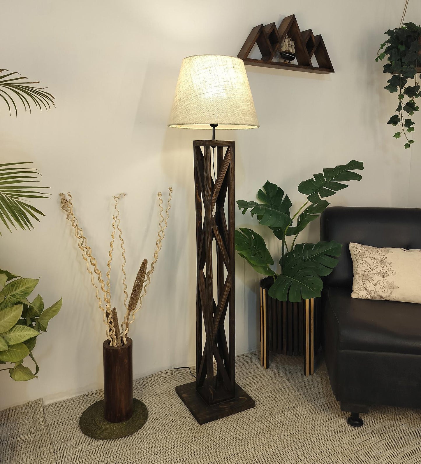 Teach Wooden Floor Lamp with Premium Beige Fabric Lampshade