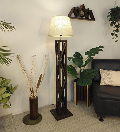 Teach Wooden Floor Lamp with Premium Beige Fabric Lampshade