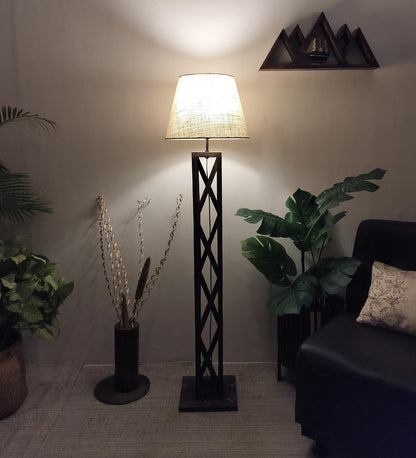 Teach Wooden Floor Lamp with Premium Beige Fabric Lampshade