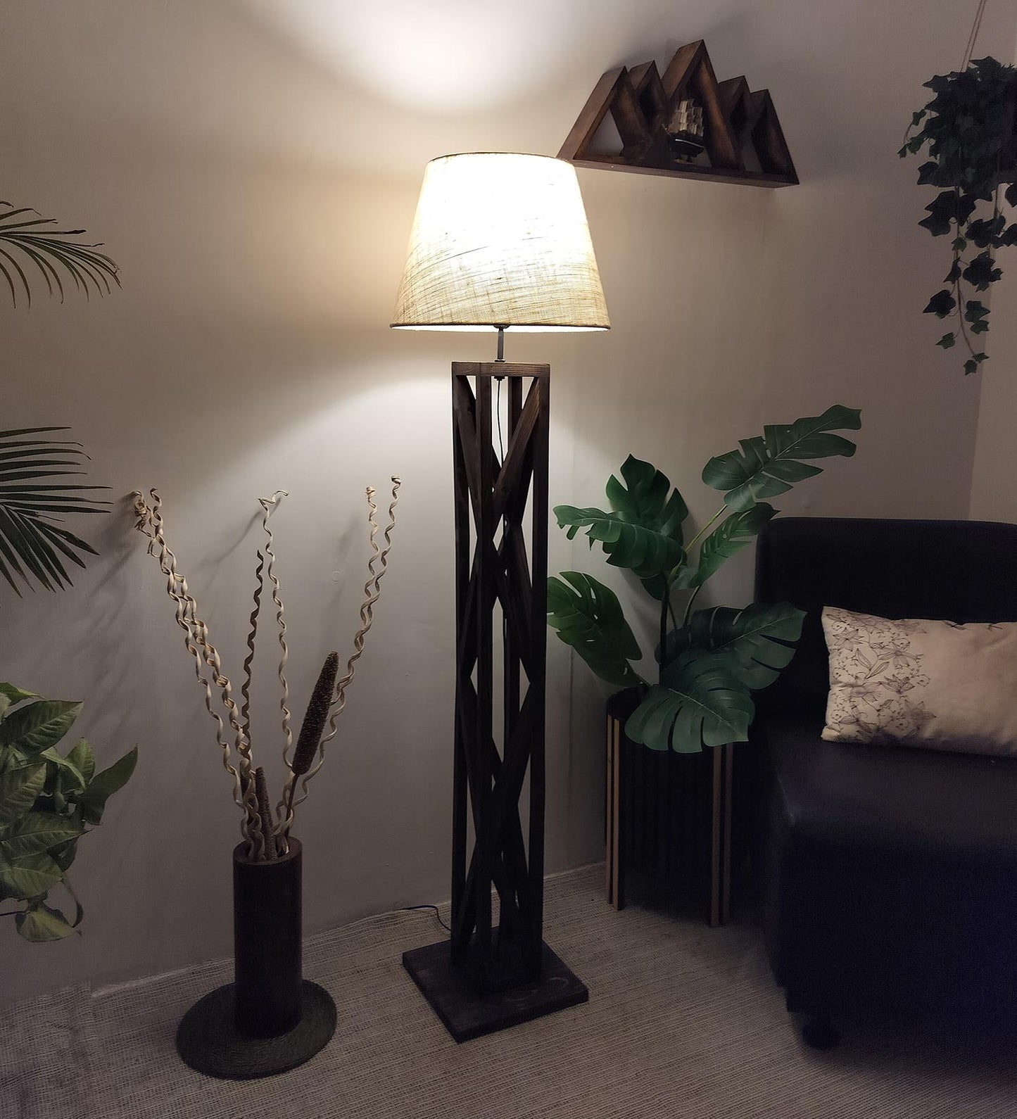Teach Wooden Floor Lamp with Premium Beige Fabric Lampshade