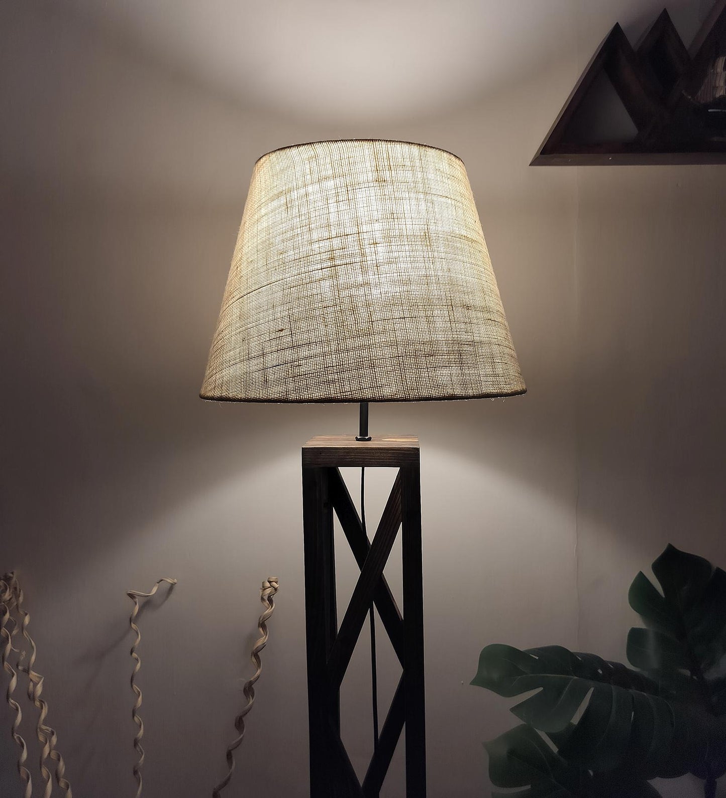 Teach Wooden Floor Lamp with Premium Beige Fabric Lampshade
