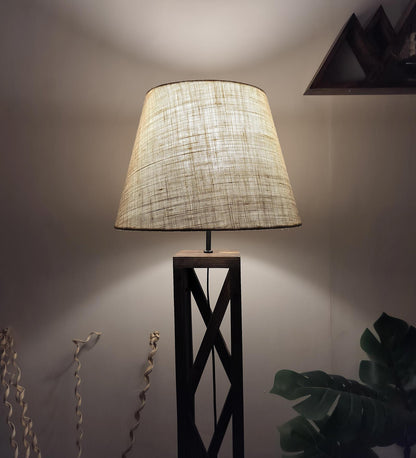 Teach Wooden Floor Lamp with Premium Beige Fabric Lampshade