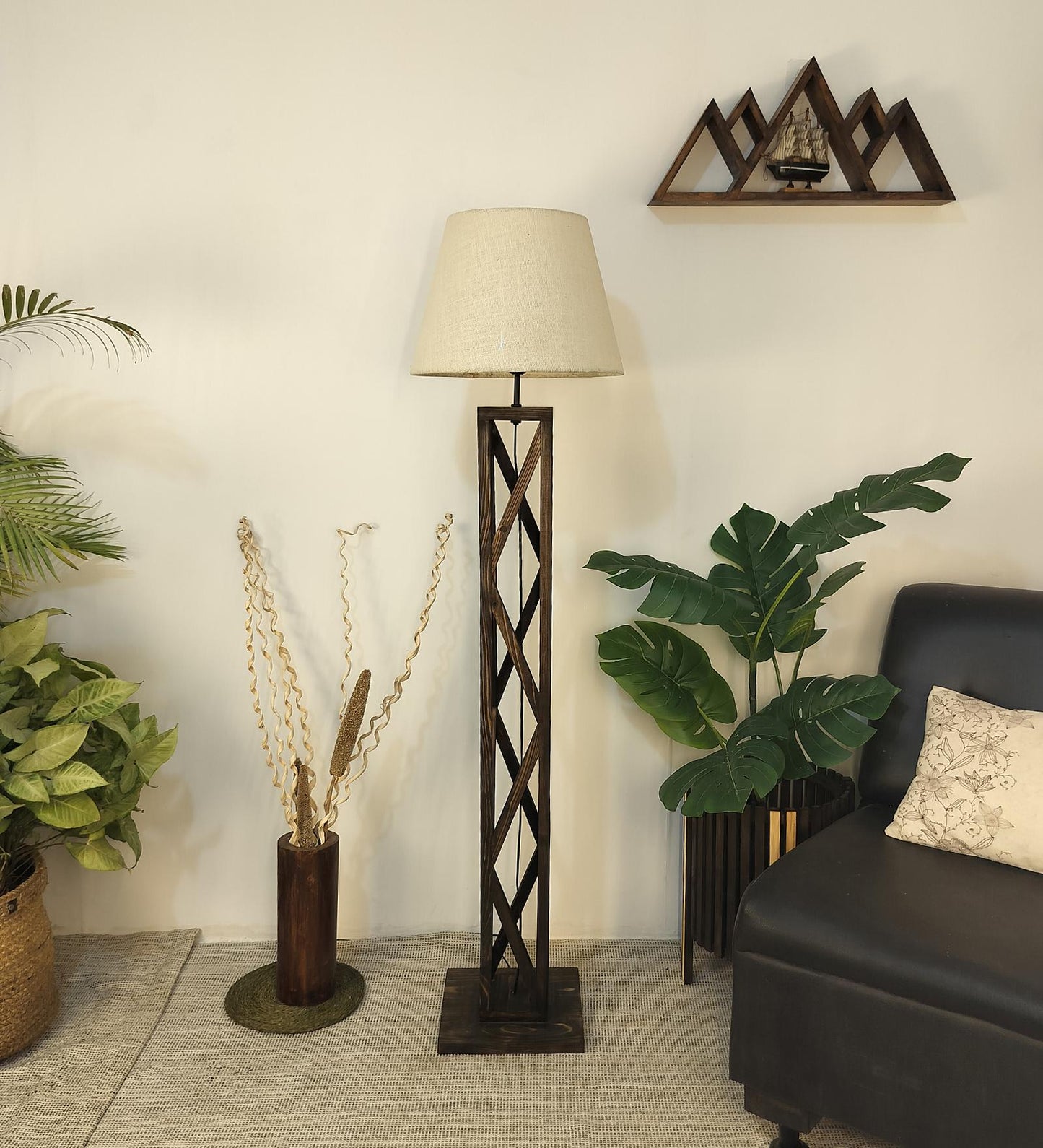 Teach Wooden Floor Lamp with Premium Beige Fabric Lampshade