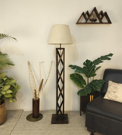 Teach Wooden Floor Lamp with Premium Beige Fabric Lampshade