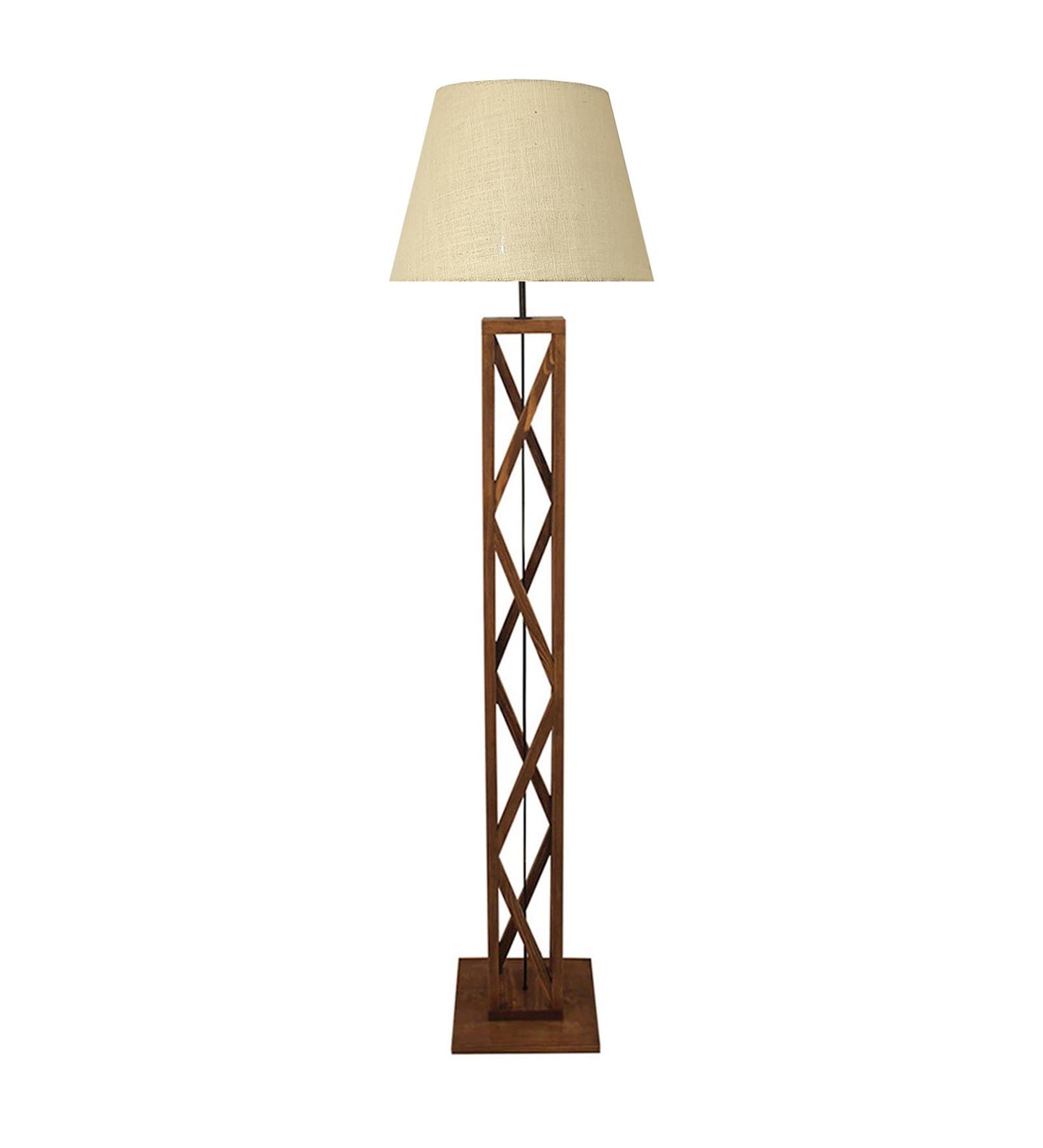 Teach Wooden Floor Lamp with Premium Beige Fabric Lampshade