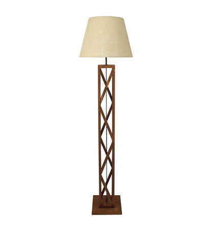 Teach Wooden Floor Lamp with Premium Beige Fabric Lampshade