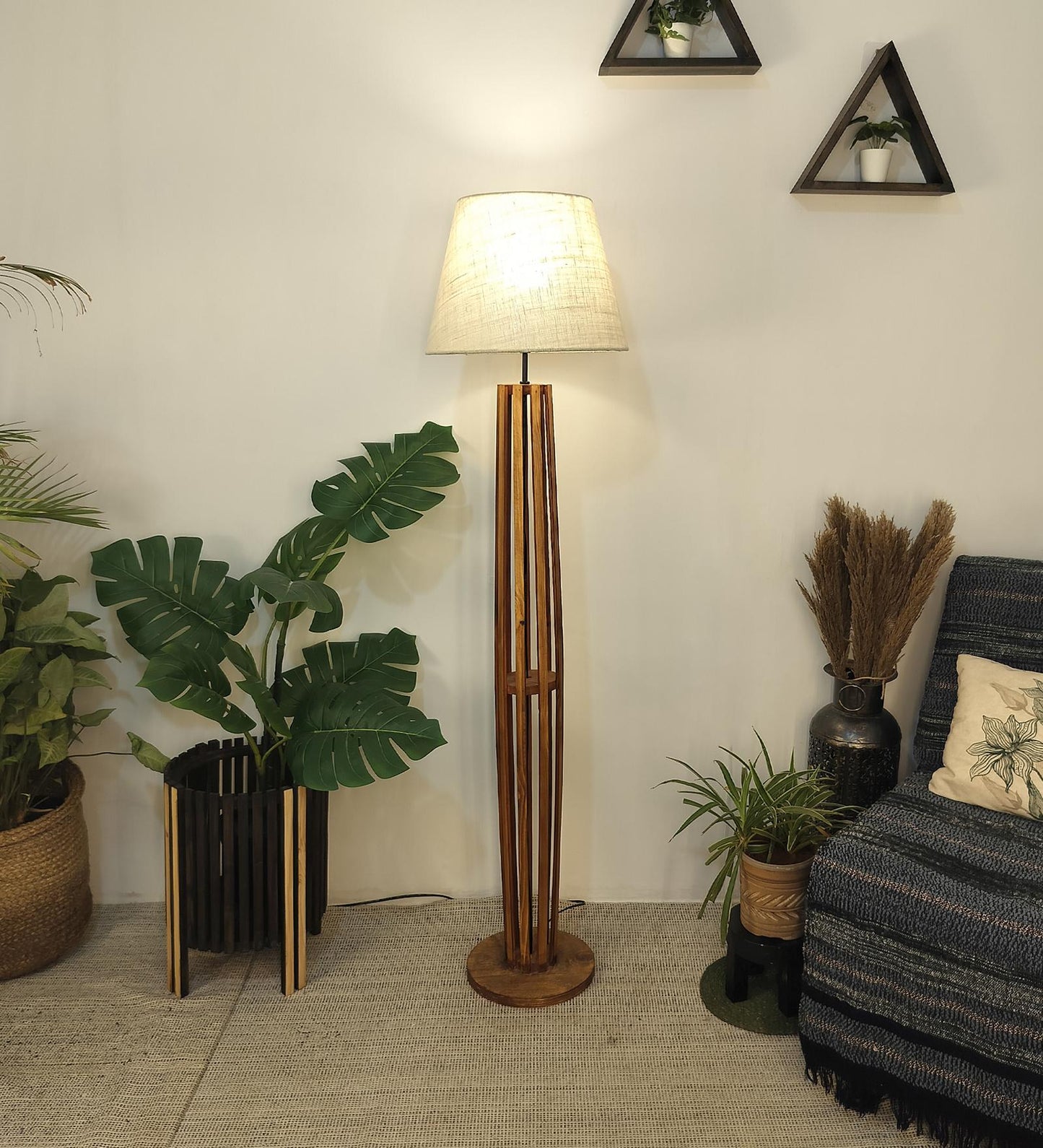 Jasper Boy Wooden Floor Lamp With Yellow Printed Fabric Lampshade