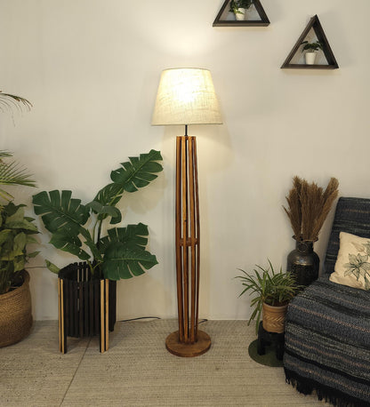 Jasper Boy Wooden Floor Lamp With Yellow Printed Fabric Lampshade