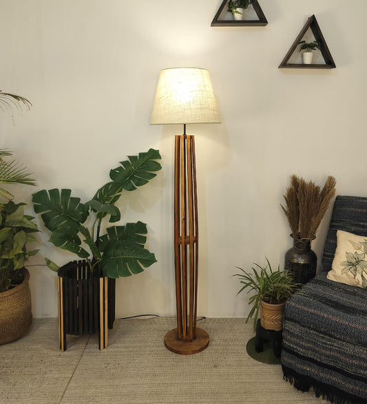 Jasper Boy Wooden Floor Lamp With Yellow Printed Fabric Lampshade