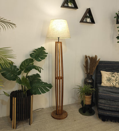 Jasper Boy Wooden Floor Lamp With Yellow Printed Fabric Lampshade