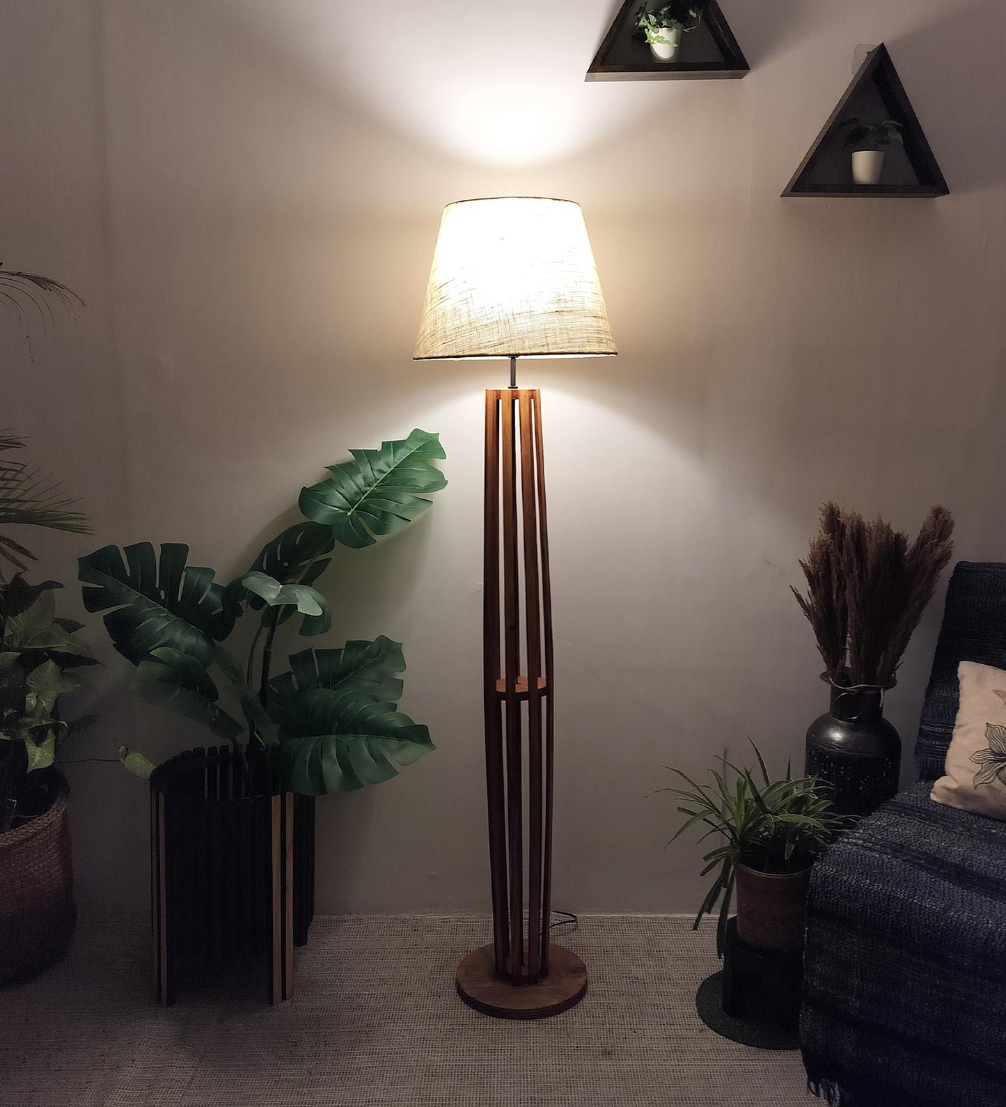 Jasper Boy Wooden Floor Lamp With Yellow Printed Fabric Lampshade