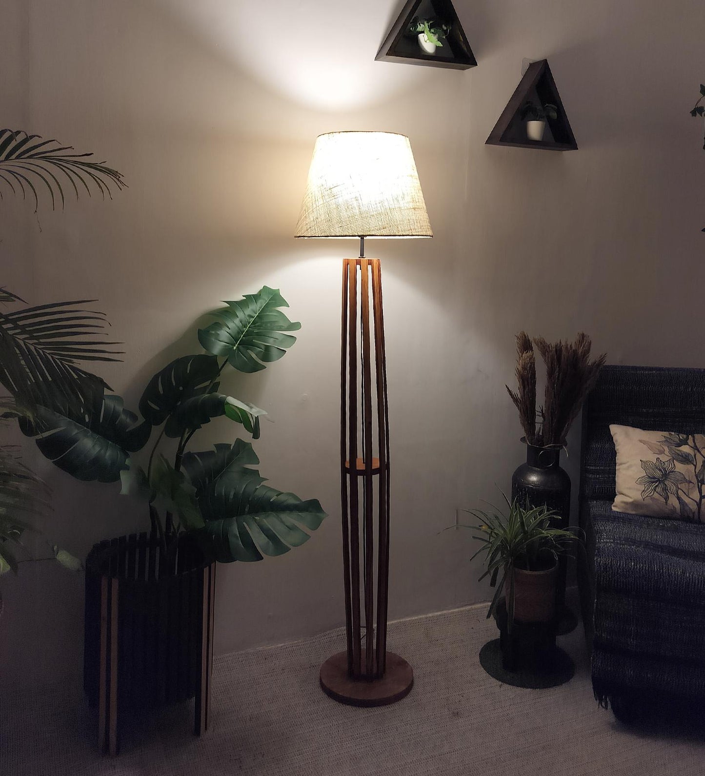 Jasper Boy Wooden Floor Lamp With Yellow Printed Fabric Lampshade