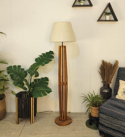 Jasper Boy Wooden Floor Lamp With Yellow Printed Fabric Lampshade