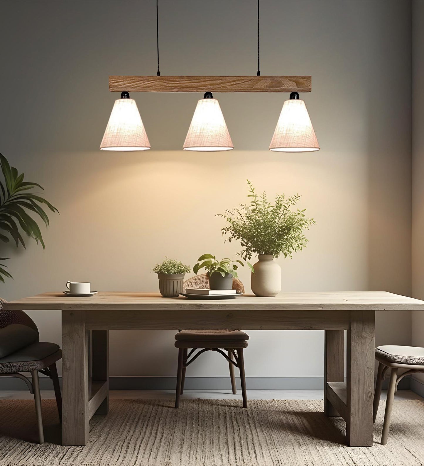 Stellar Brown Wooden Series Hanging Lamp with Beige Fabric Lampshade