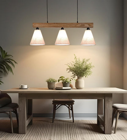 Stellar Brown Wooden Series Hanging Lamp with Beige Fabric Lampshade