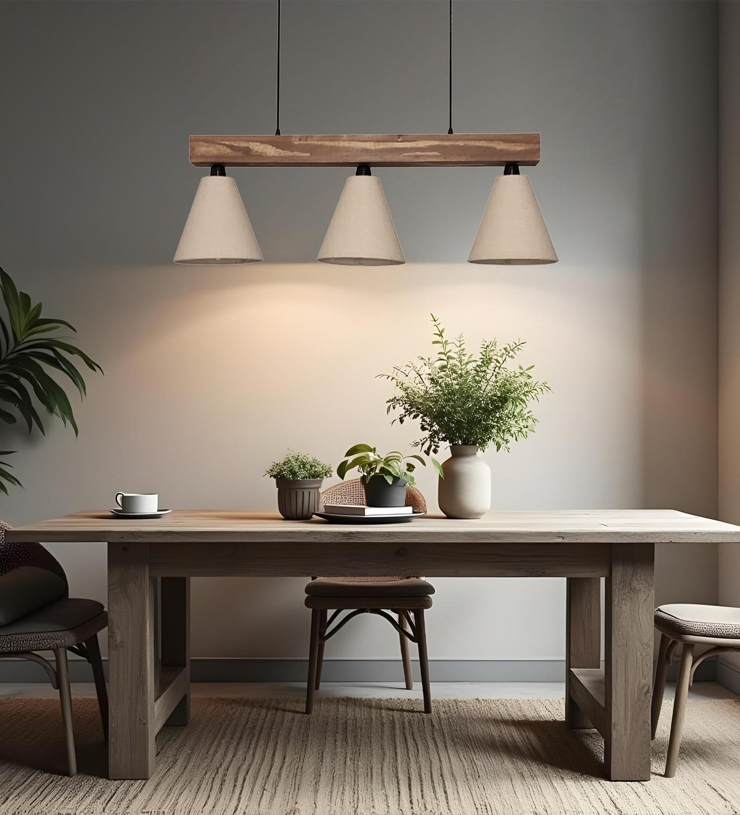 Stellar Brown Wooden Series Hanging Lamp with Beige Fabric Lampshade
