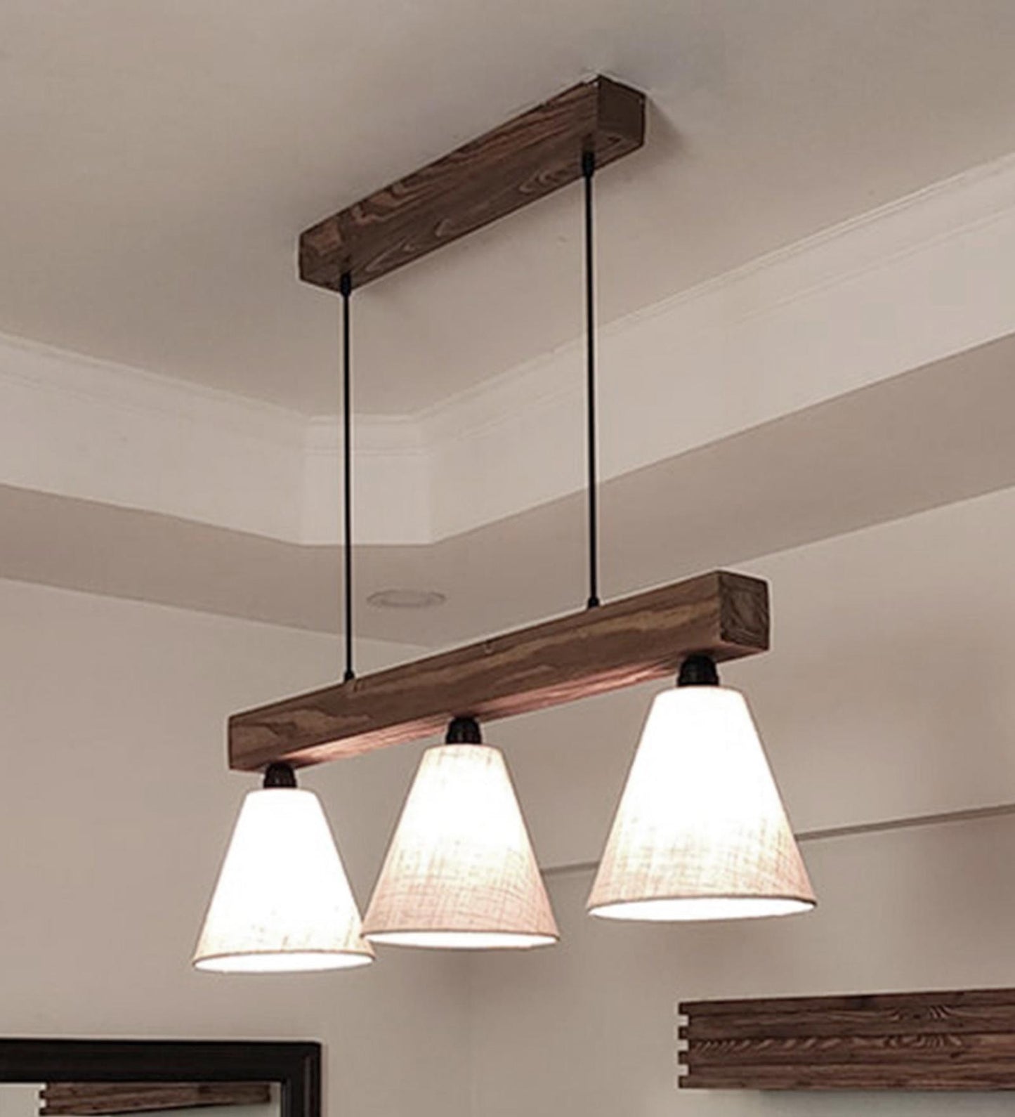 Stellar Brown Wooden Series Hanging Lamp with Beige Fabric Lampshade