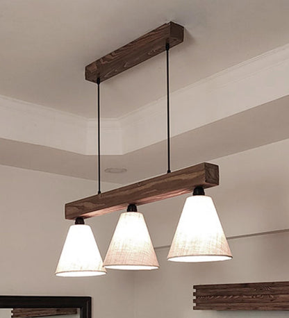 Stellar Brown Wooden Series Hanging Lamp with Beige Fabric Lampshade