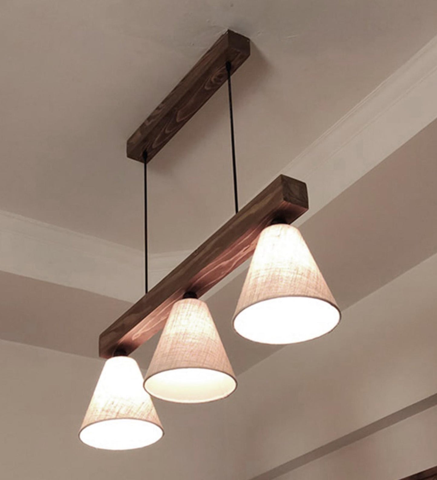Stellar Brown Wooden Series Hanging Lamp with Beige Fabric Lampshade