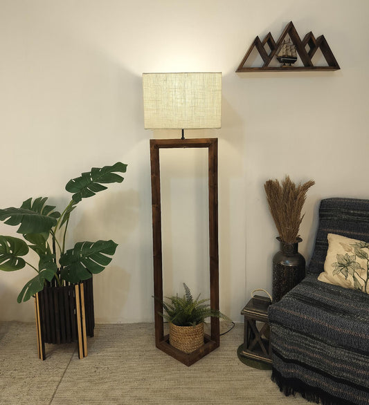 Desert Wooden Floor Lamp with Brown Base Beige Fabric Lampshade