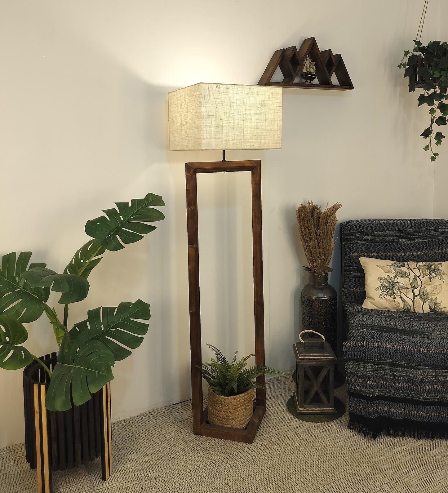 Desert Wooden Floor Lamp with Brown Base Beige Fabric Lampshade