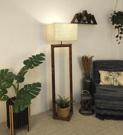 Desert Wooden Floor Lamp with Brown Base Beige Fabric Lampshade