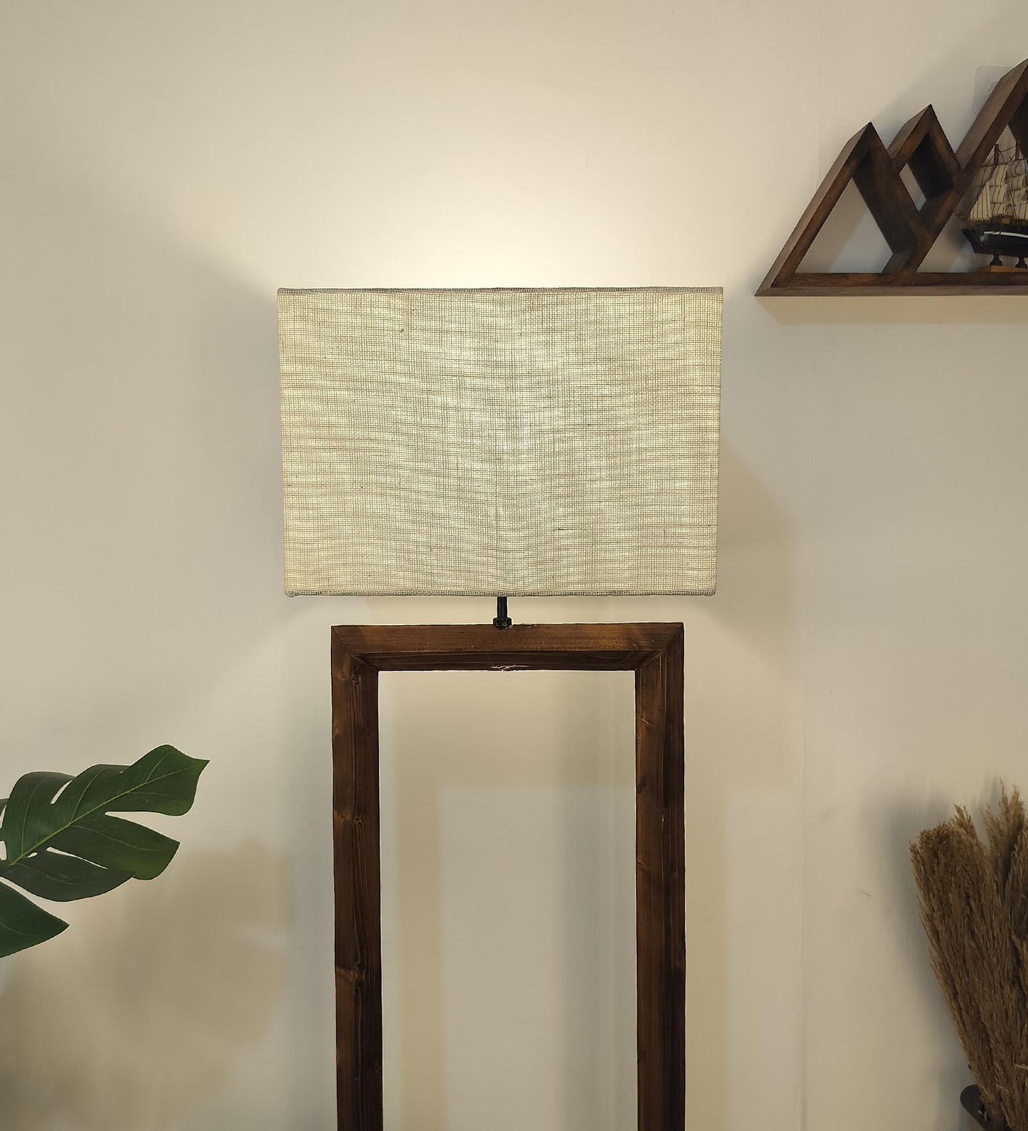 Desert Wooden Floor Lamp with Brown Base Beige Fabric Lampshade