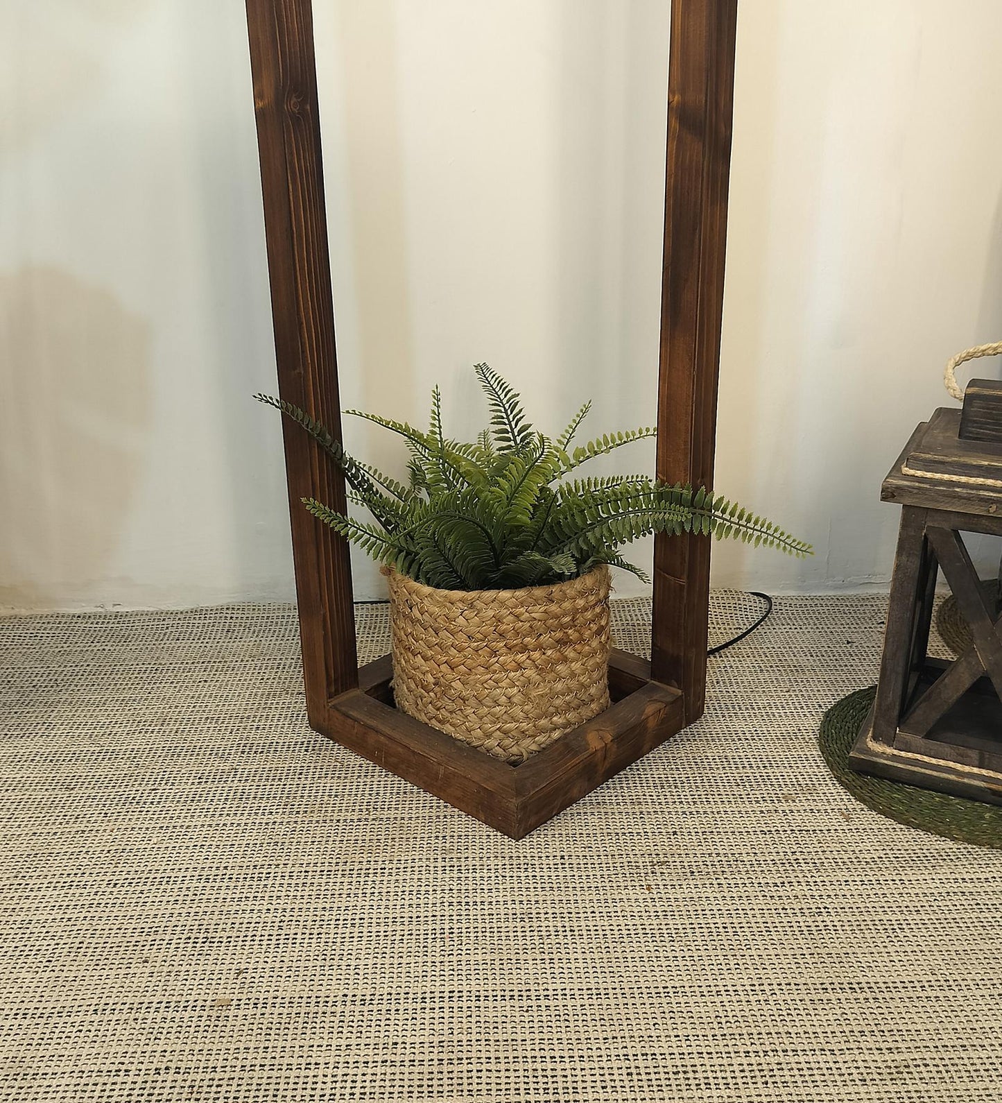Desert Wooden Floor Lamp with Brown Base Beige Fabric Lampshade