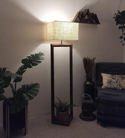 Desert Wooden Floor Lamp with Brown Base Beige Fabric Lampshade