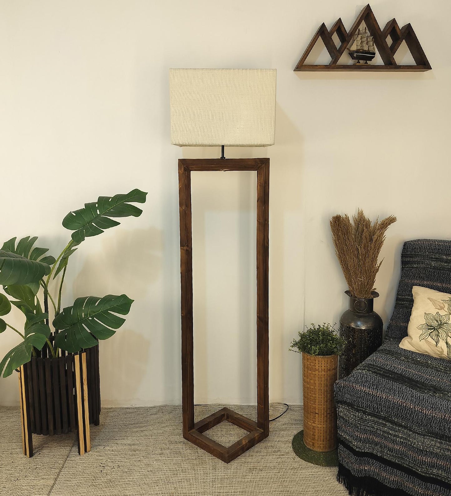 Desert Wooden Floor Lamp with Brown Base Beige Fabric Lampshade
