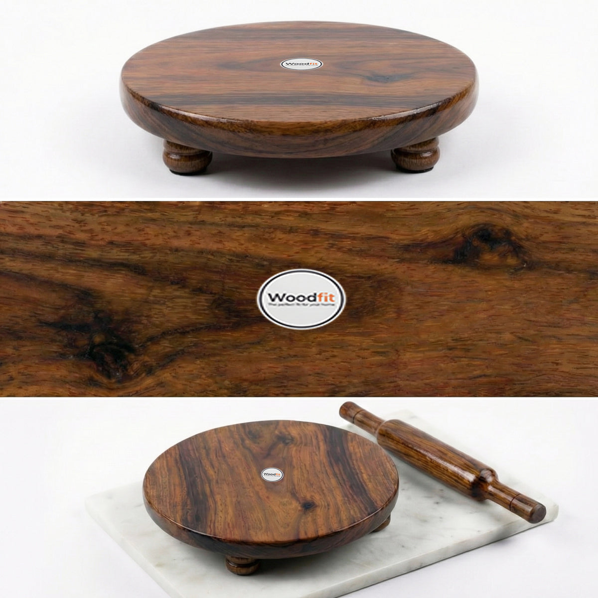 Woodfit Premium Handcrafted Solid Sheesham Wood Chakla Belan Set (9-inch Diameter)