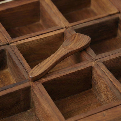 Woodfit Premium Square 9-Compartment Solid Sheesham Wood Masala Box with Glass Top and Wooden Spoon