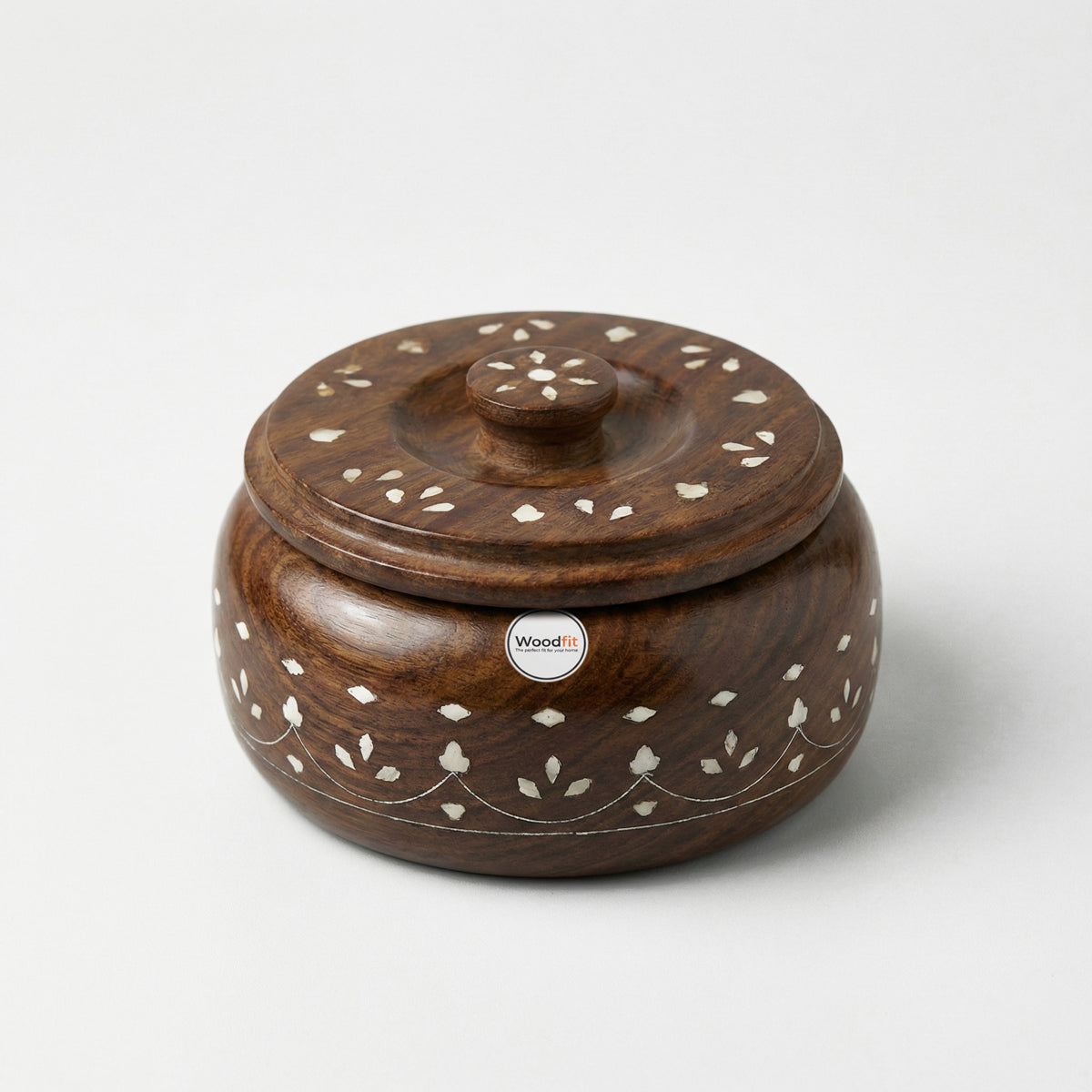 Woodfit Compact Handcrafted Solid Sheesham Wood Masala & Dry Fruit Box (Small) – Floral Inlay Design