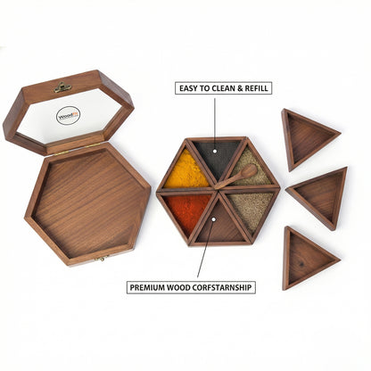 Woodfit Hexagonal Handcrafted Solid Sheesham Wood Masala Box with Glass Top and Brass Latch