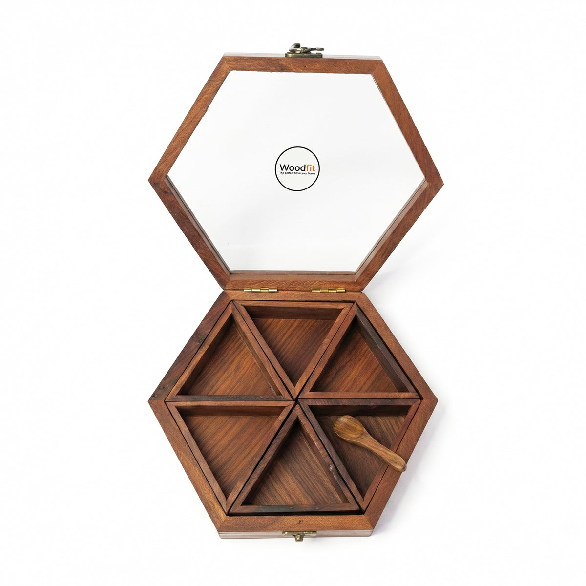 Woodfit Hexagonal Handcrafted Solid Sheesham Wood Masala Box with Glass Top and Brass Latch