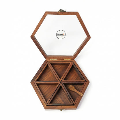 Woodfit Hexagonal Handcrafted Solid Sheesham Wood Masala Box with Glass Top and Brass Latch