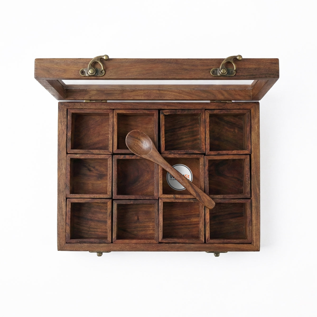 Woodfit Grand 12-Compartment Solid Sheesham Wood Masala Box with Glass Top and Wooden Spoon