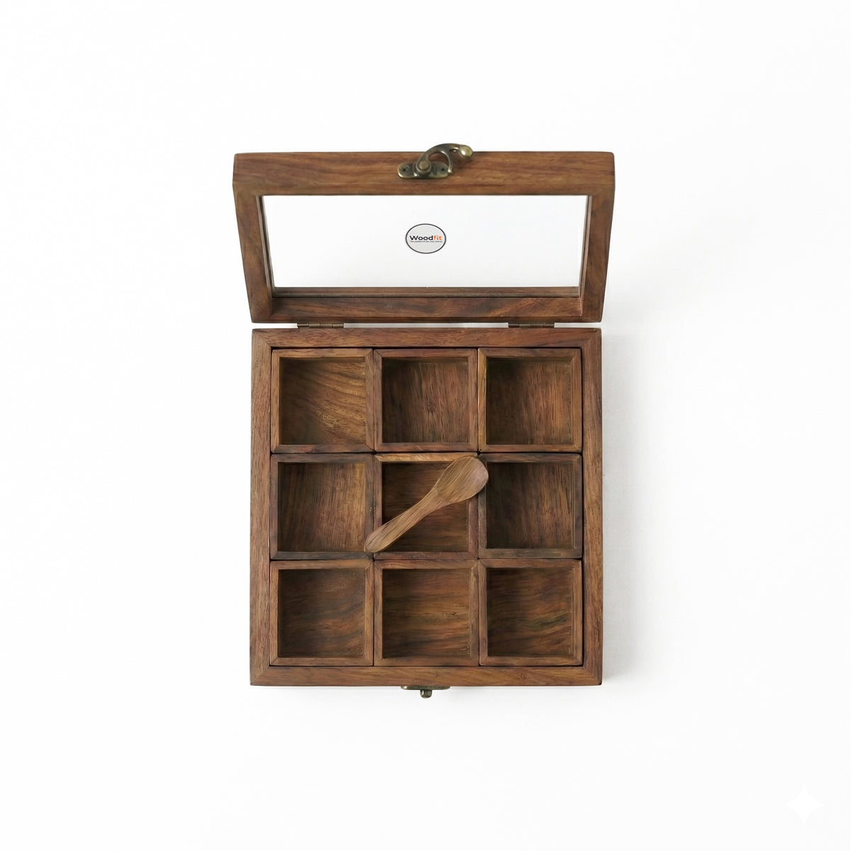 Woodfit Premium Square 9-Compartment Solid Sheesham Wood Masala Box with Glass Top and Wooden Spoon