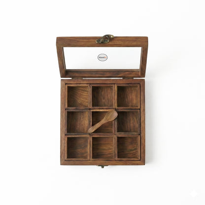 Woodfit Premium Square 9-Compartment Solid Sheesham Wood Masala Box with Glass Top and Wooden Spoon