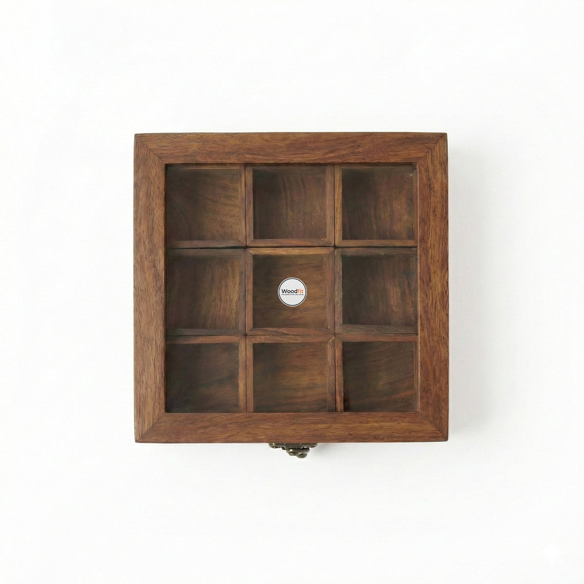 Woodfit Premium Square 9-Compartment Solid Sheesham Wood Masala Box with Glass Top and Wooden Spoon