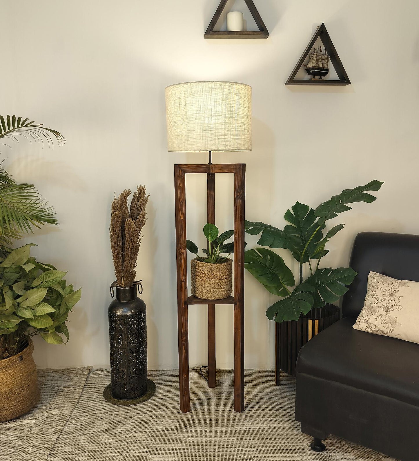 Come Wooden Floor Lamp with Shelf, Brown Base and Beige Fabric Lampshade