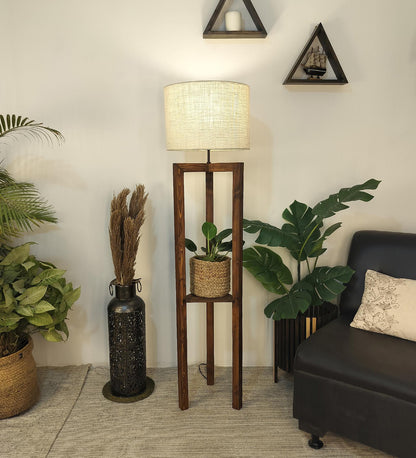 Come Wooden Floor Lamp with Shelf, Brown Base and Beige Fabric Lampshade