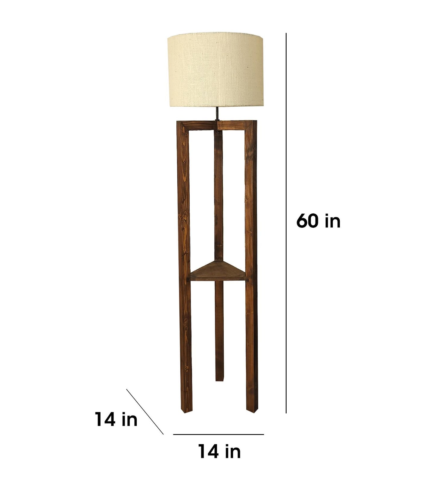 Come Wooden Floor Lamp with Shelf, Brown Base and Beige Fabric Lampshade