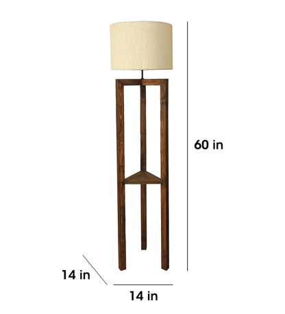 Come Wooden Floor Lamp with Shelf, Brown Base and Beige Fabric Lampshade