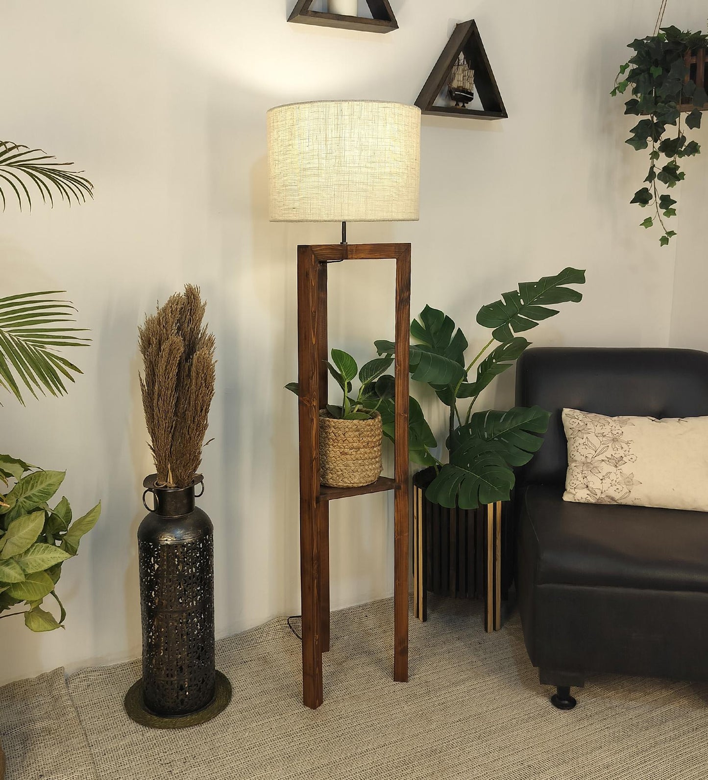 Come Wooden Floor Lamp with Shelf, Brown Base and Beige Fabric Lampshade