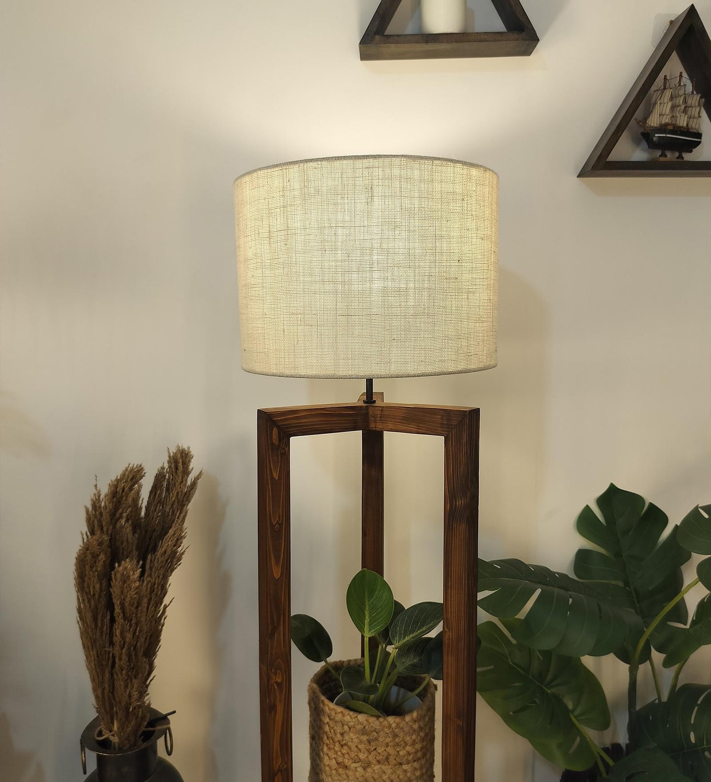 Come Wooden Floor Lamp with Shelf, Brown Base and Beige Fabric Lampshade
