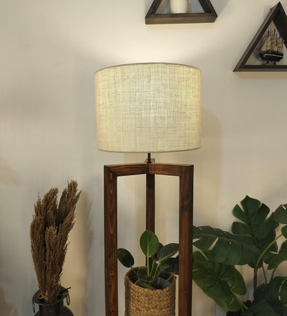 Come Wooden Floor Lamp with Shelf, Brown Base and Beige Fabric Lampshade