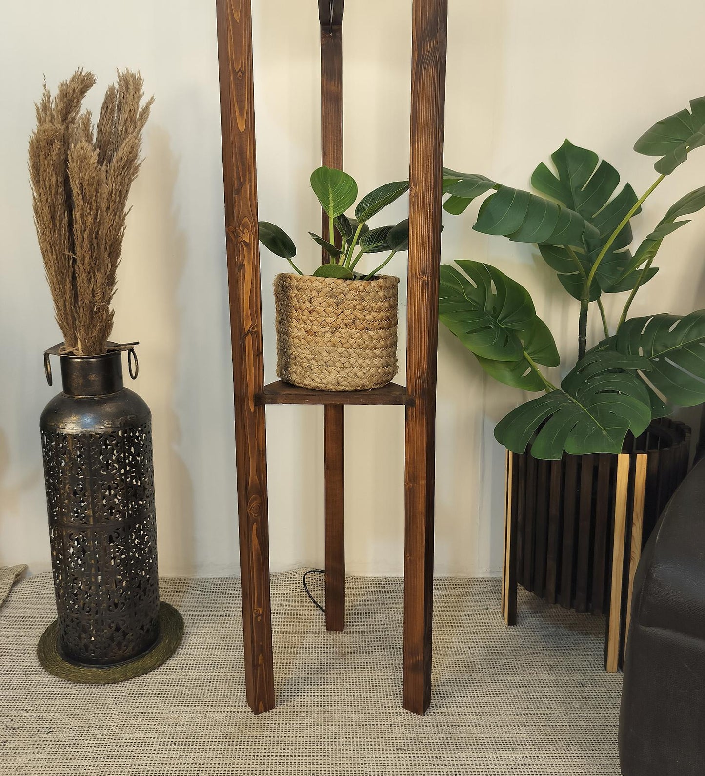 Come Wooden Floor Lamp with Shelf, Brown Base and Beige Fabric Lampshade