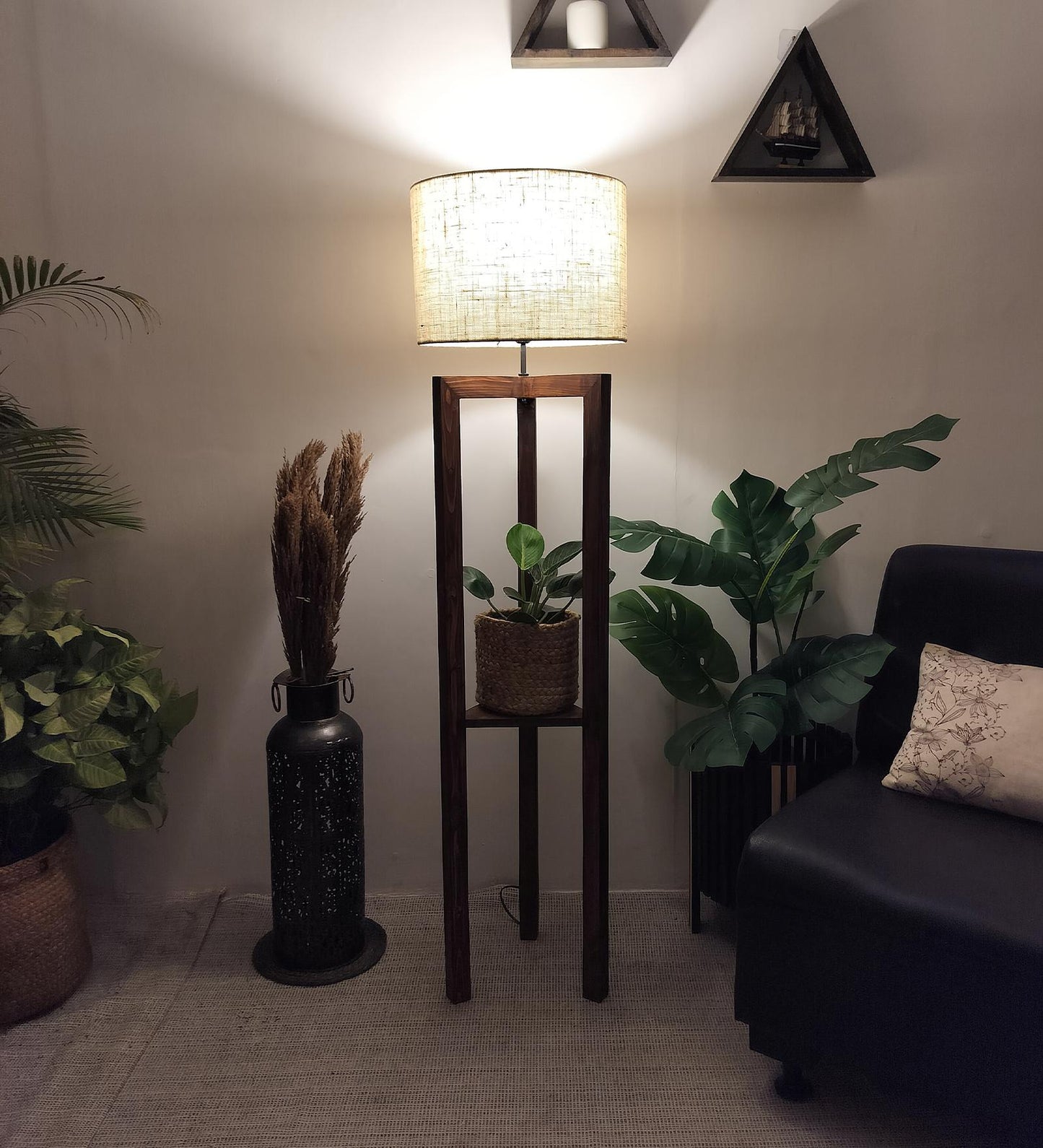 Come Wooden Floor Lamp with Shelf, Brown Base and Beige Fabric Lampshade