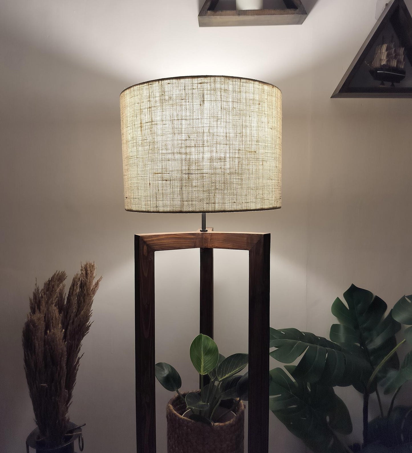 Come Wooden Floor Lamp with Shelf, Brown Base and Beige Fabric Lampshade